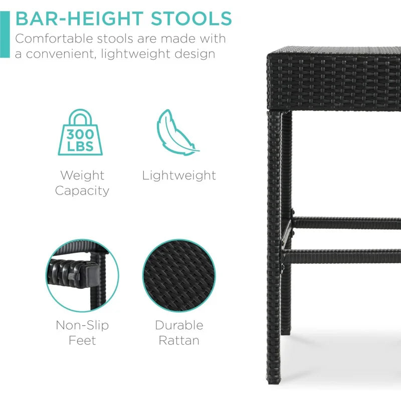 5-Piece Outdoor Wicker Bar Table Set for Patio, Poolside, Backyard w/Built-in Bottle Opener,  Metal Tabletop, 4 Stools - Black