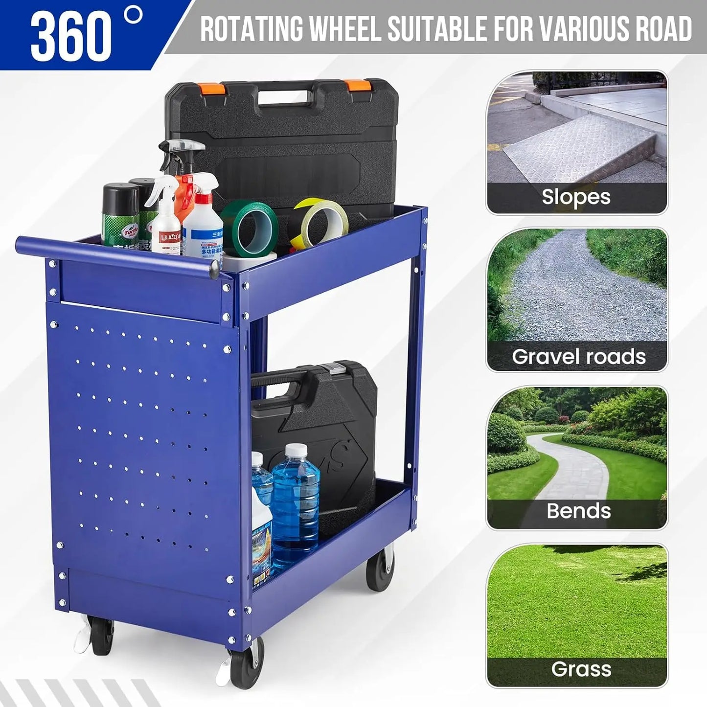 2 Tier Heavy Duty Metal Rolling Tool Cart, 330 Lbs Capacity