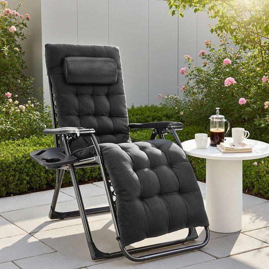 Zero Gravity Recliner for Camping, Patio or Poolside, Folding, Portable, with Cup Holder Trays and Removable Cushion