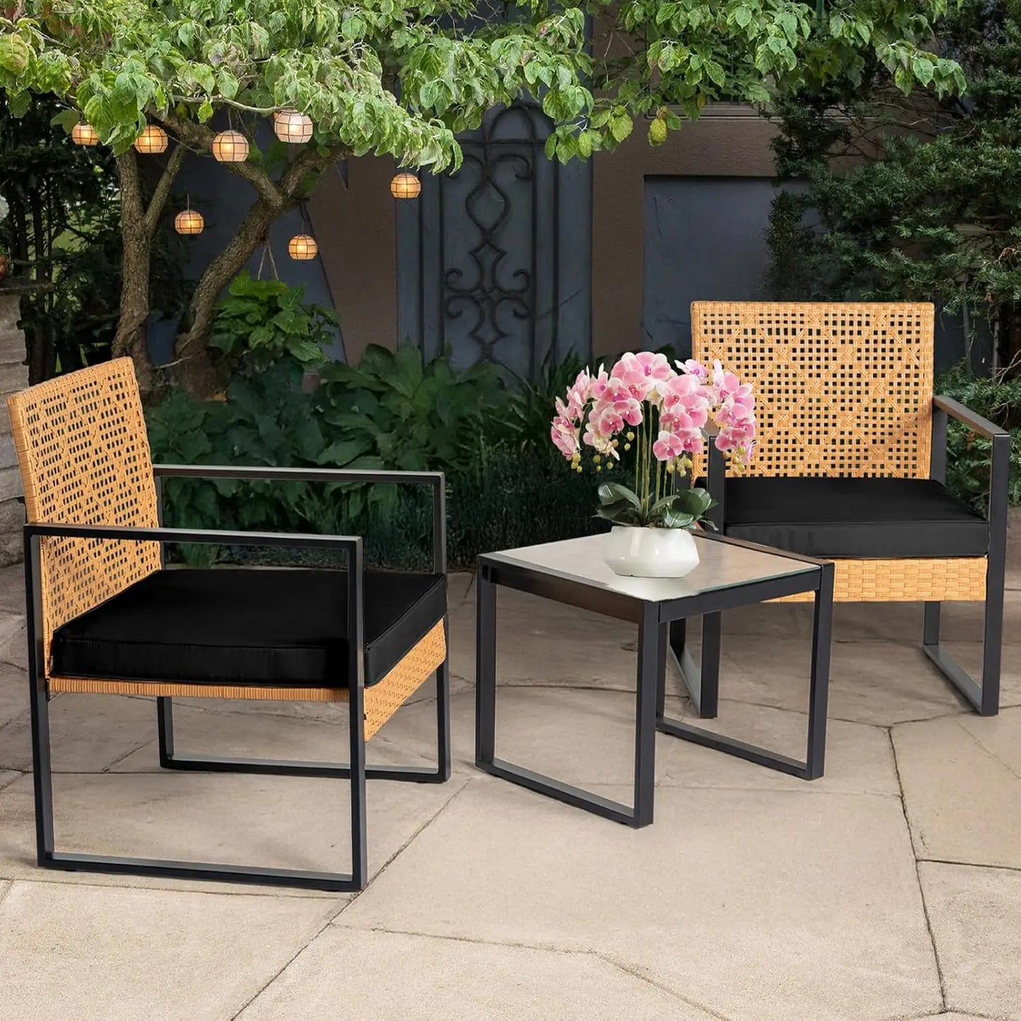 3 Piece Outdoor Wicker Bistro Set w/2 Large Rattan Chairs and Tempered Glass Top Table