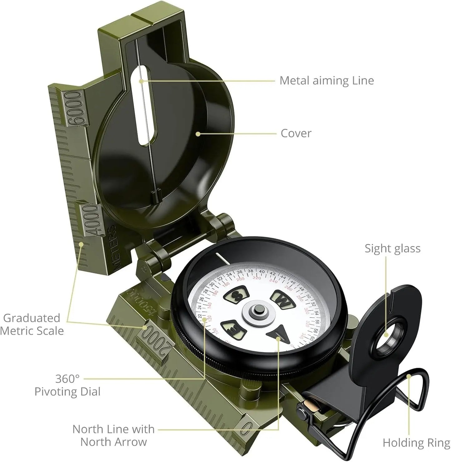 Professional Military Compass, 3000 Gauss, Waterproof with Carry Bag for Navigation, Hiking, Camping, Hunting.