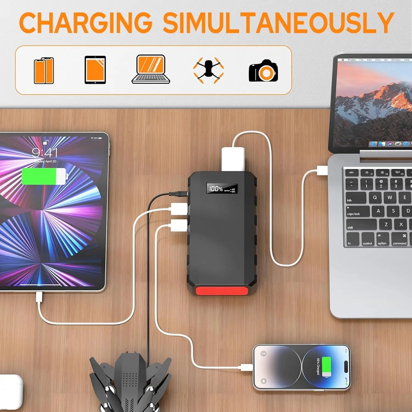 88Wh Portable Power Station 24000mAh110V/65W Power Bank Battery Charger AC, DC, USB QC3.0 for Home, Camping, Emergency
