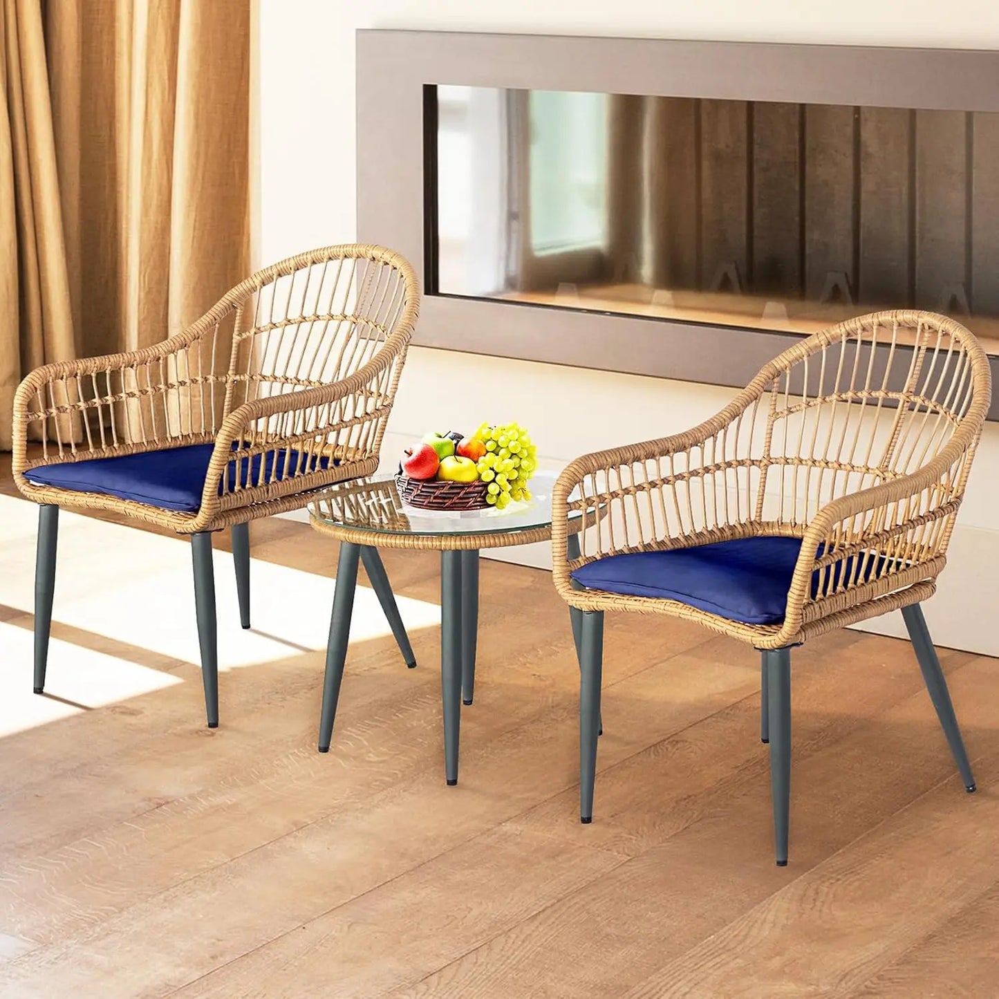 3 Piece Outdoor Wicker Bistro Set w/2 Large Rattan Chairs and Tempered Glass Top Table