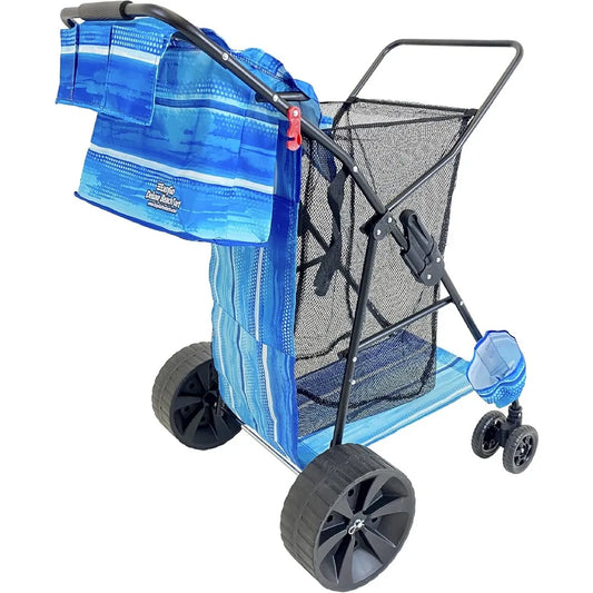 Deluxe Heavy Duty Folding Beach/Utility Cart, Large Sand Wheels Holds 4 Folding Chairs, Umbrella Holder and Removable Storage Bag