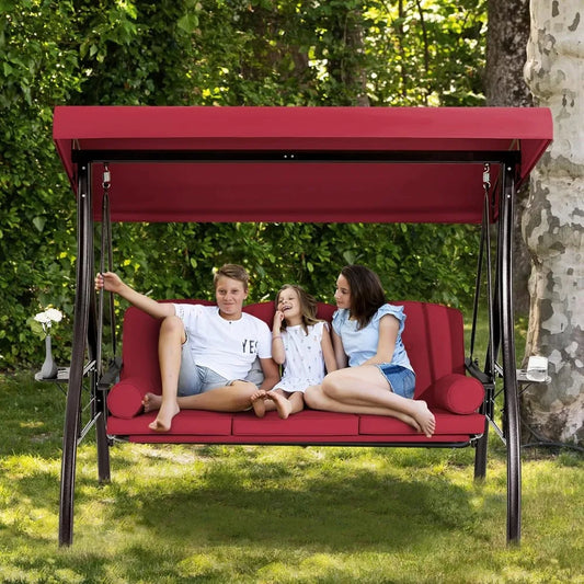 3 Person Outdoor Swing with 1.5" Deep Cup Holder, Adjustable Canopy, Backrest Can be Laid Flat to Make a Bed