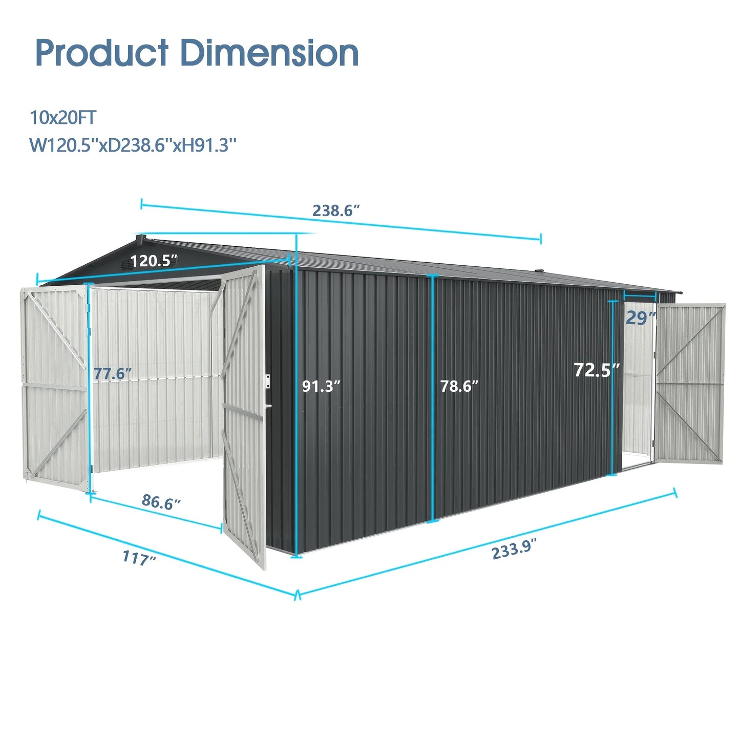 Heavy-Duty Large Metal Storage Shed 20x10FT / 13x20FT, With Double Doors, 4 Air Vents | For Car, Boat, RV