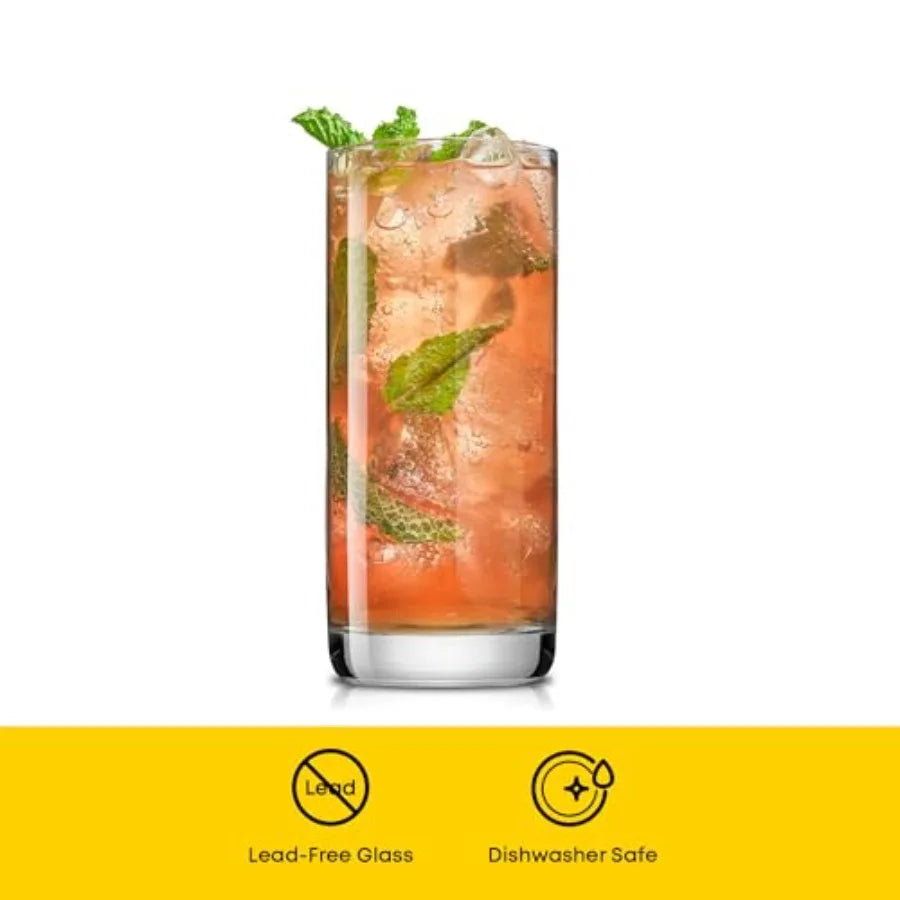6 piece set of 13 oz highball glasses made from lead free crystal, ideal for serving water, mojitos, Tom Collins and other mixed drinks