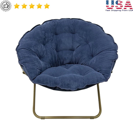 Foldable and Portable Corduroy Saucer Chair with Channel-Tufted Backrest and Durable Steel Frame