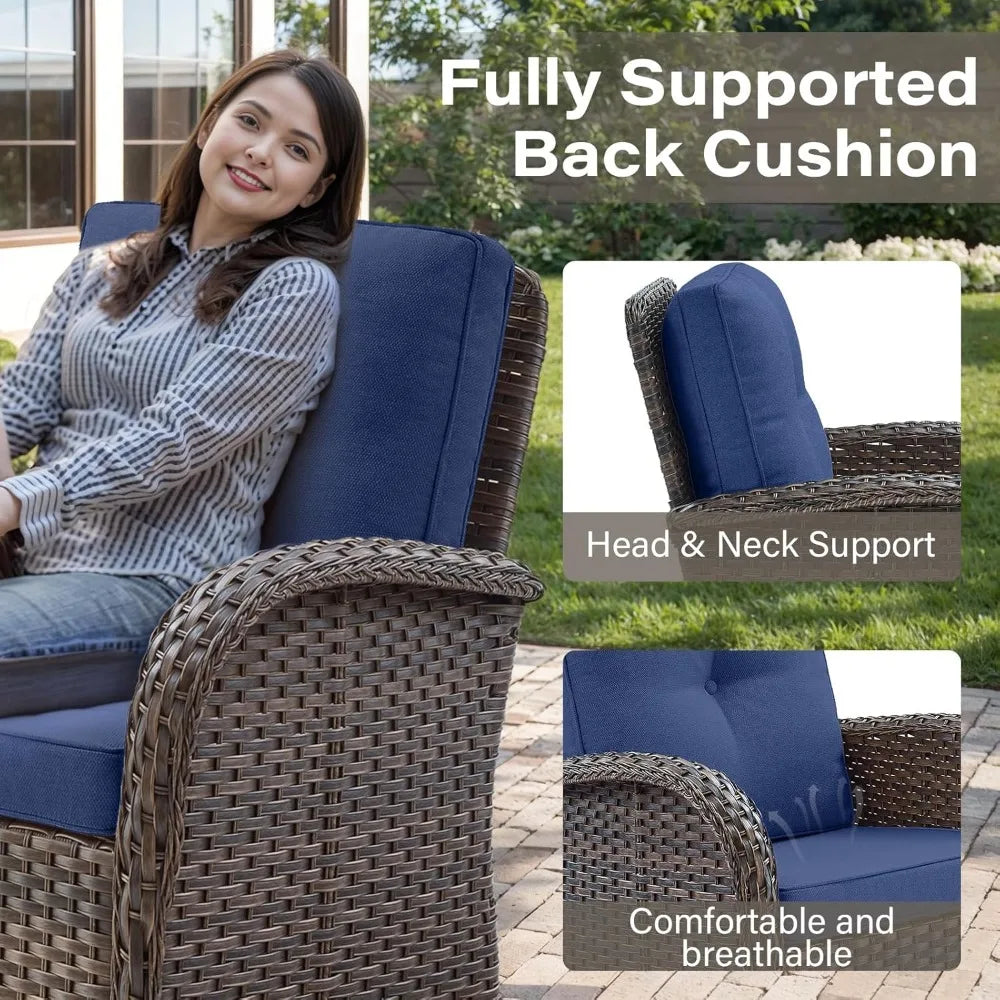Set of 2  Patio Wicker Swivel Rockers with Rattan Side Table with Glass