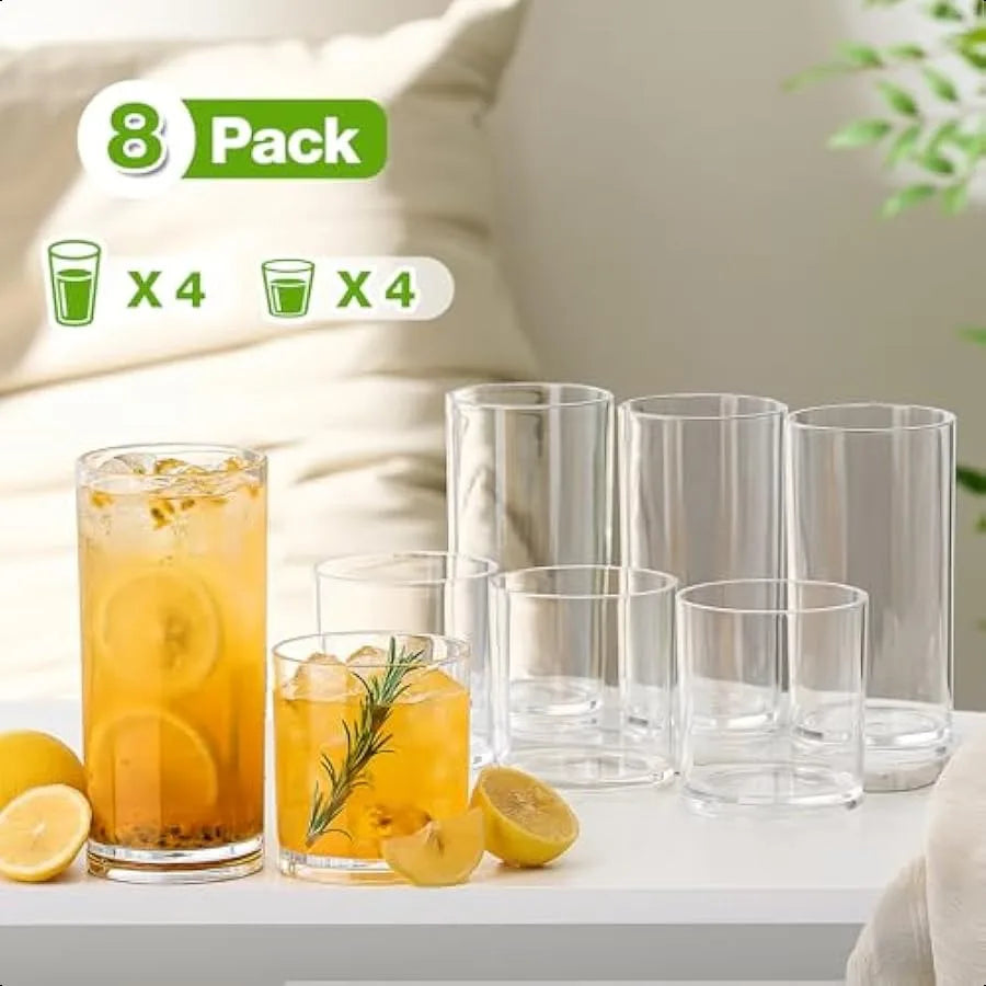 Unbreakable Plastic Drinking Glasses, Set of 8 - 14 oz Rocks and 20 oz Water Cups