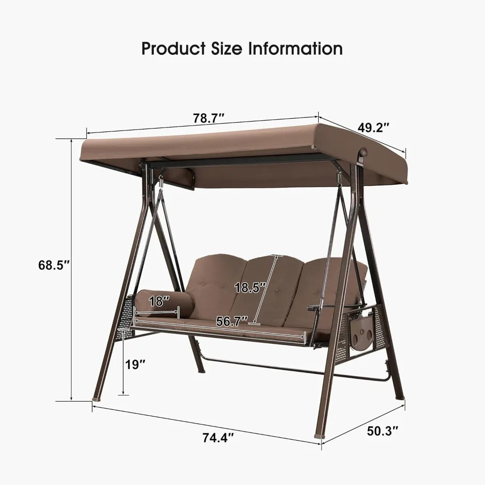 3-Seat Deluxe Outdoor Patio Porch Swing with Weather Resistant Steel Frame, Adjustable Tilt Canopy, Cushions and Pillow Included