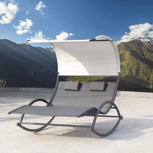 Outdoor Double Rocking  Chaise Lounge Chair with Sun Shade & Wheels