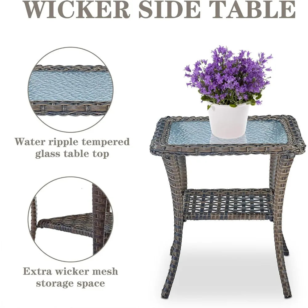 Set of 2  Patio Wicker Swivel Rockers with Rattan Side Table with Glass