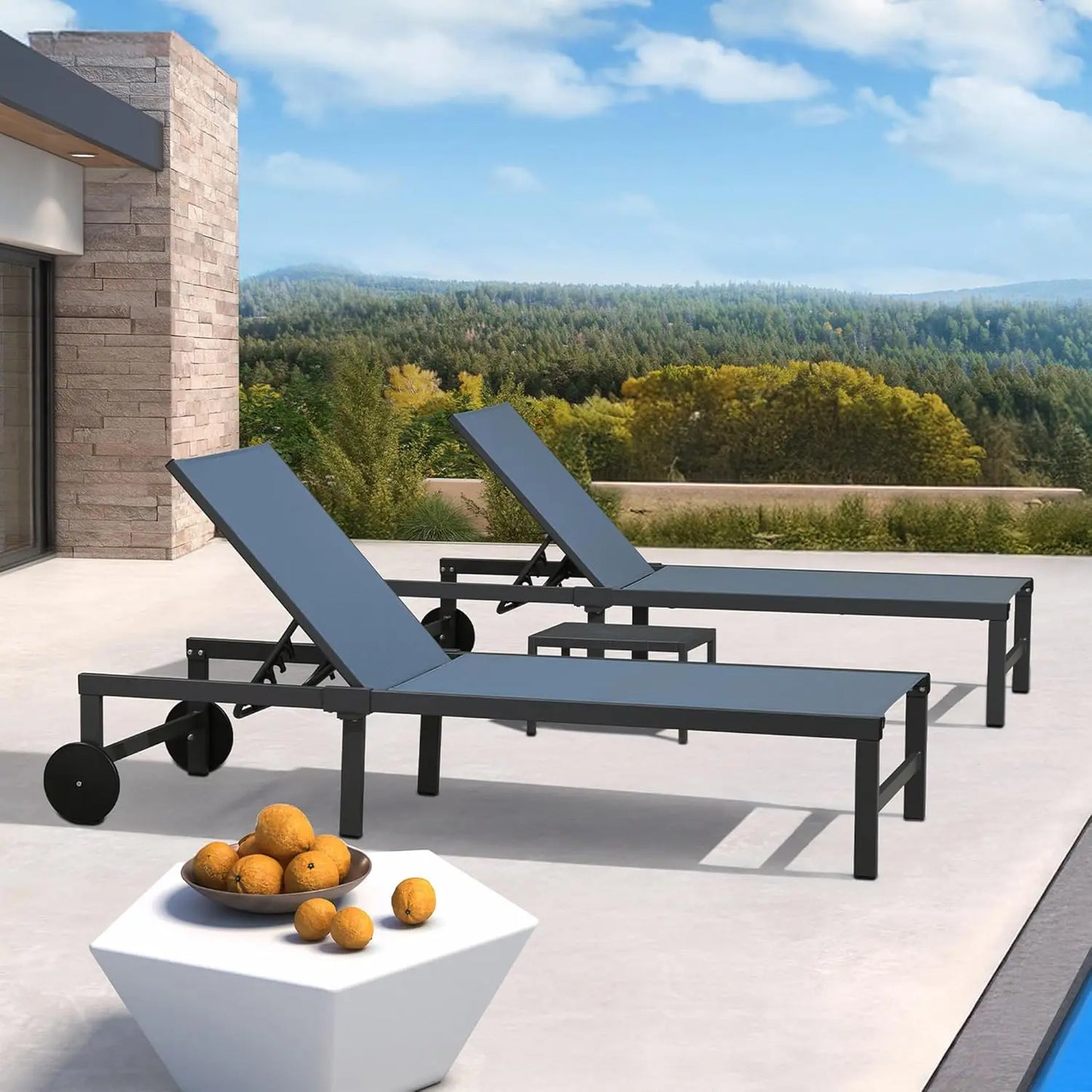 Chaise Lounge Chairs Set, Adjustable Recliner Chair with Wheels and Table