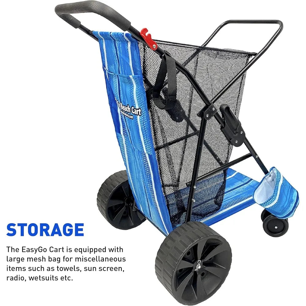 Deluxe Heavy Duty Folding Beach/Utility Cart, Large Sand Wheels Holds 4 Folding Chairs, Umbrella Holder and Removable Storage Bag