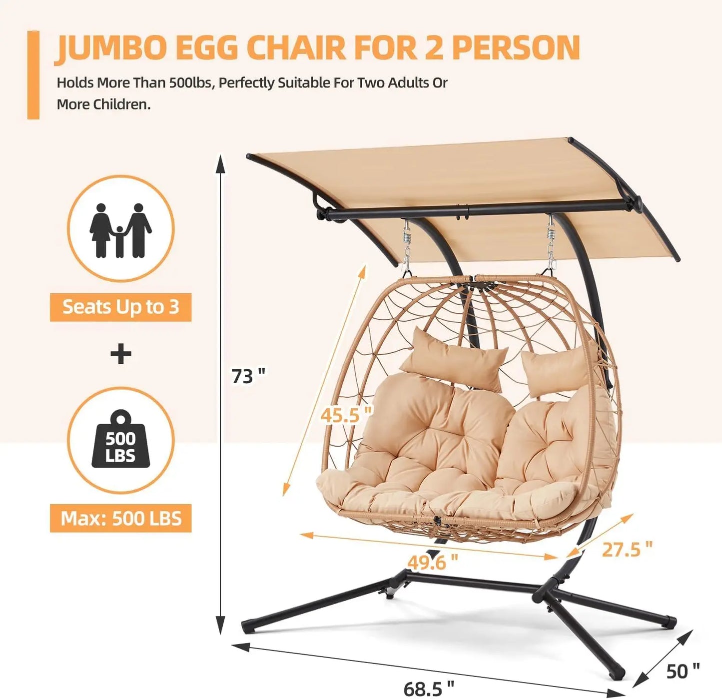 Oversized Cushioned Double Egg Swing Chair /  Hammock  with Adjustable Canopy