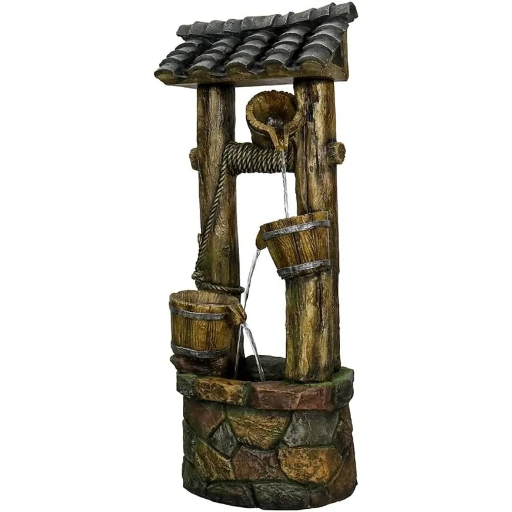 Wishing Well Water Fountain, 39.3 inches Rustic Outdoor Water Fountains - Outdoor Cascading Waterfall with Buckets, Pump & Lights