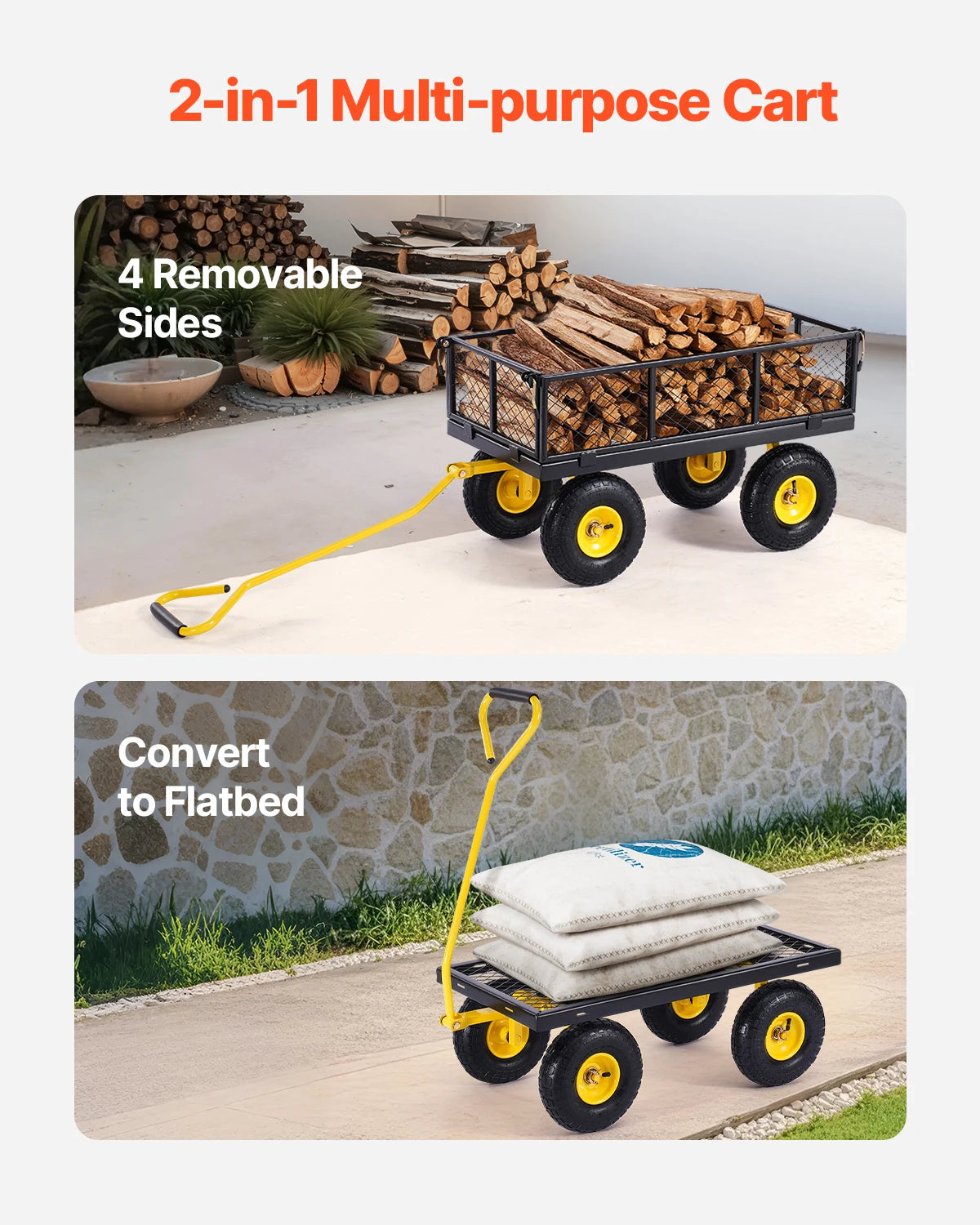 Steel Garden Cart, pullable with all terrain tires, mesh removable sides and rotating handle, 500 lb or 1400 lb capacity