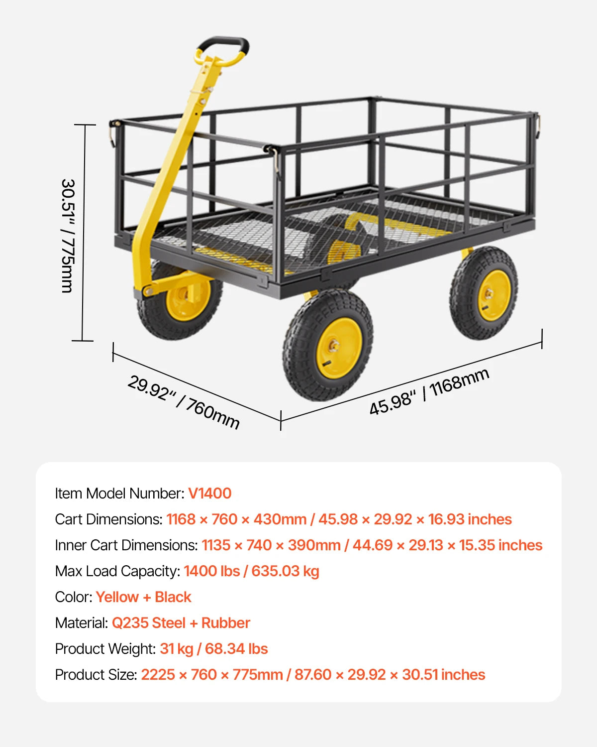 Steel Garden Cart, pullable with all terrain tires, mesh removable sides and rotating handle, 500 lb or 1400 lb capacity