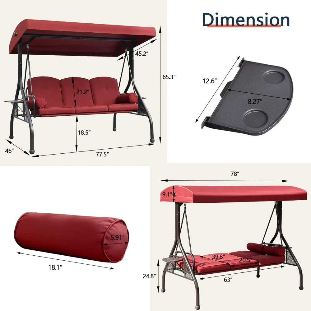 3-Seat Outdoor Patio Porch Swing with Adjustable and Removable Canopy, Waterproof Fabric, Cushion Pillow And Foldable Side Tray