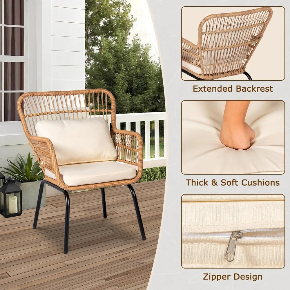3 Piece Outdoor Wicker Bistro Set w/2 Large Rattan Chairs and Tempered Glass Top Table