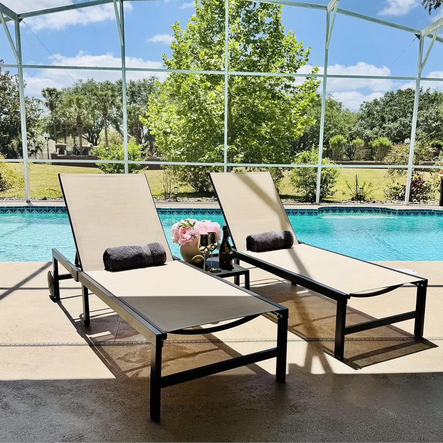 Chaise Lounge Chairs Set, Adjustable Recliner Chair with Wheels and Table