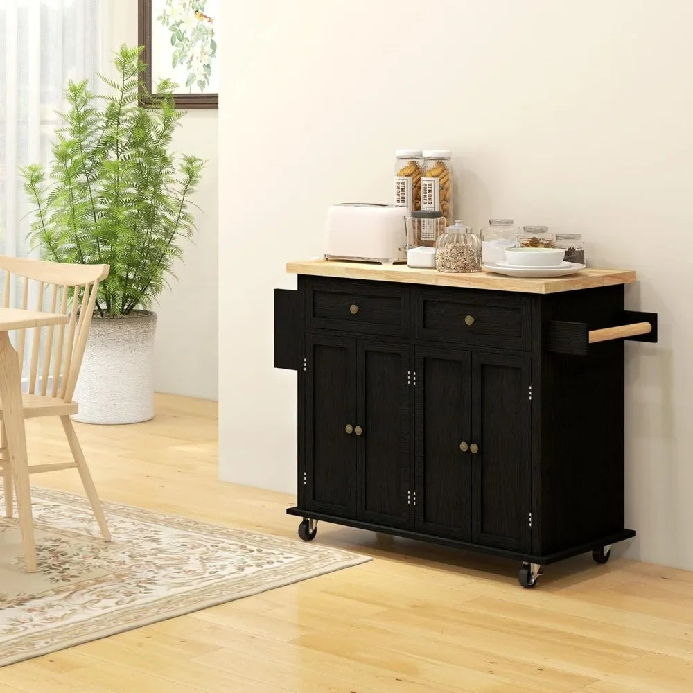 Rolling Kitchen Island with Rubberwood Top, Spice Rack, Towel Rack and Drawers for Dining Room