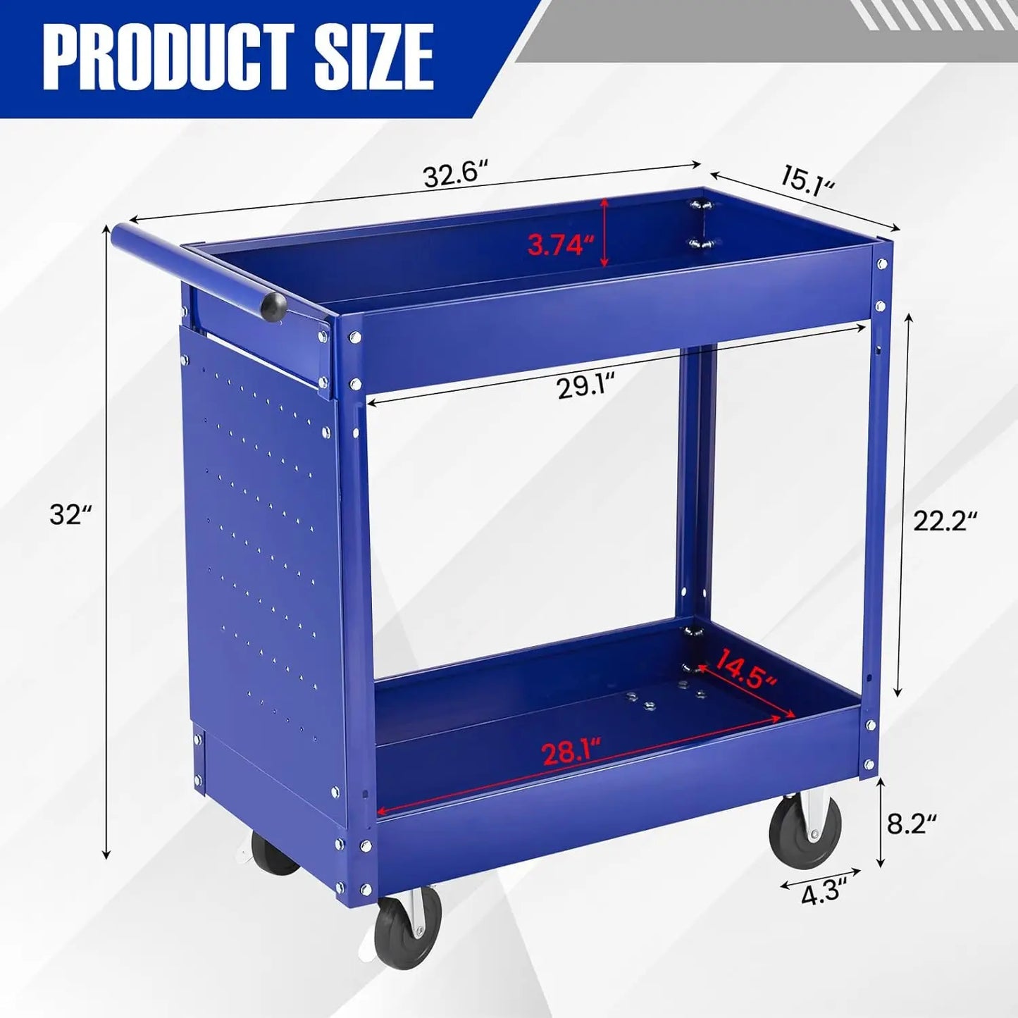 2 Tier Heavy Duty Metal Rolling Tool Cart, 330 Lbs Capacity