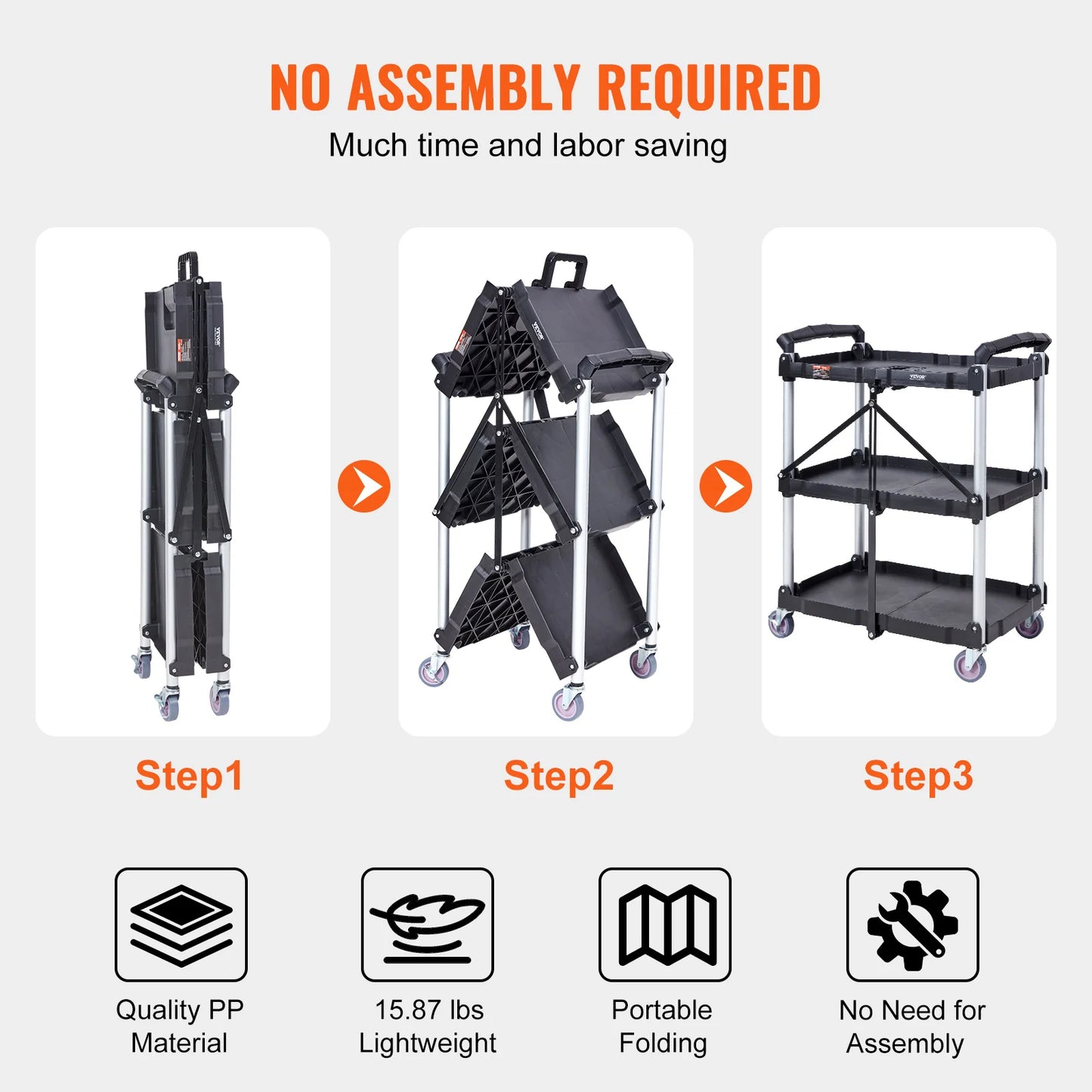 3 Tier Heavy Duty Folding Rolling Utility Cart, 165 lb Capacity