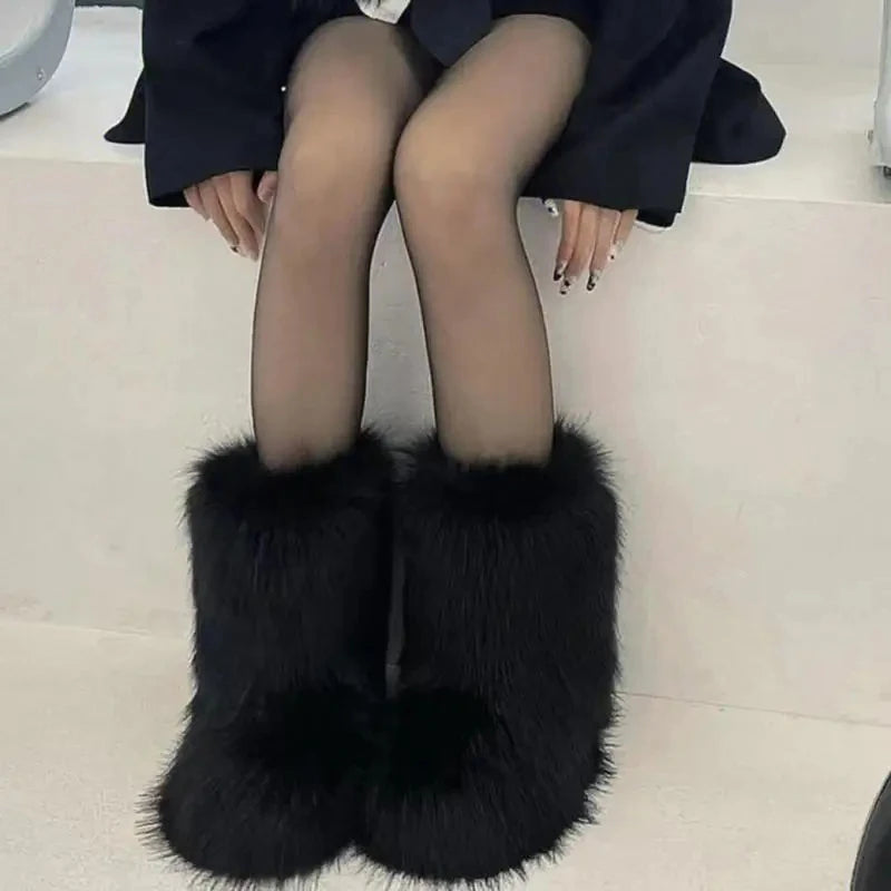 Women's Winter Black Fuzzy Slip-On Snow Boots, Plush Lining, Rubber Flat Outer Sole