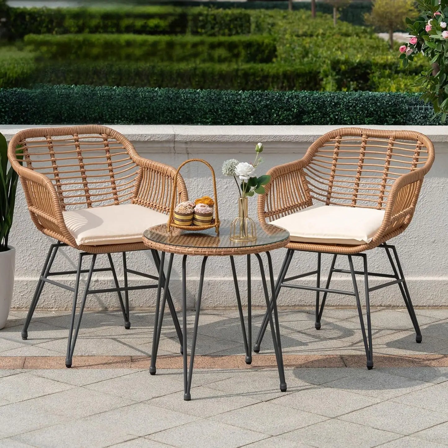 3 Piece Outdoor Wicker Bistro Set w/2 Large Rattan Chairs and Tempered Glass Top Table