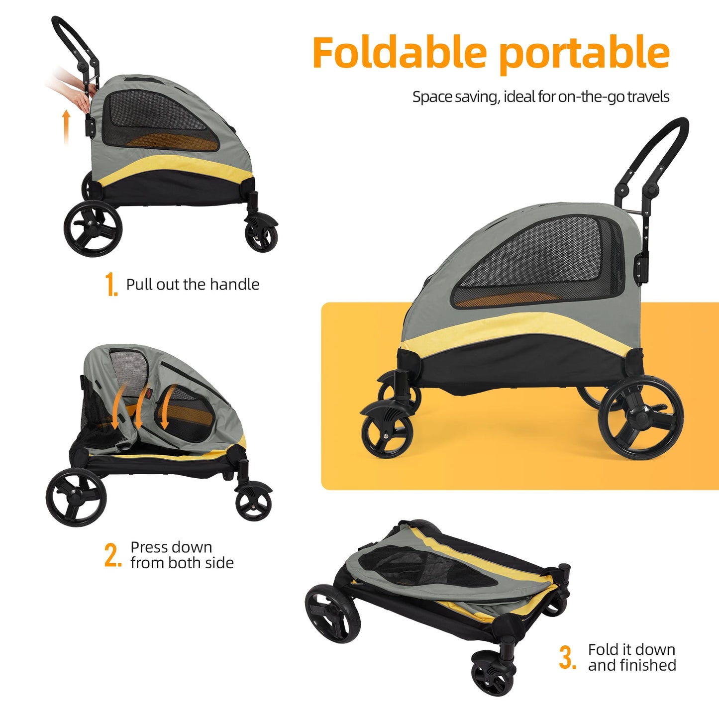 Dog Stroller Ultra-large 4 Wheels, Foldable, Load Up To 121 lbs