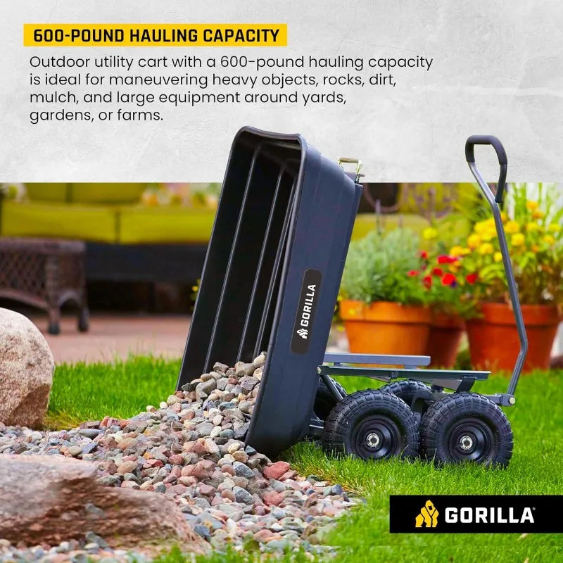 Heavy Duty Poly Utility Dump Wagon/Garden Cart w/Pneumatic Tires, 4 Cu Ft - 600 lb Capacity Wheelbarrow