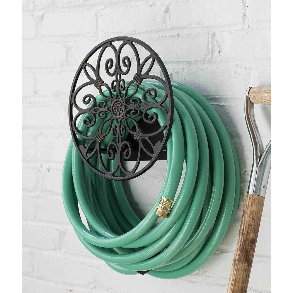 Decorative Wall Mount Hose Holder, 125 Foot Capacity, Non-Rust, Cast Aluminum, Easy Install Keyhole Design