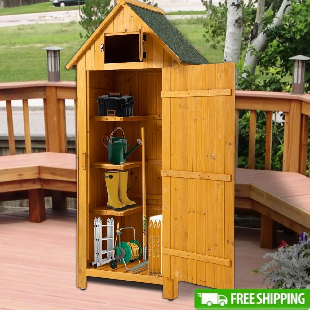 Outdoor Solid Wood Storage Shed with 3 Shelves, Waterproof