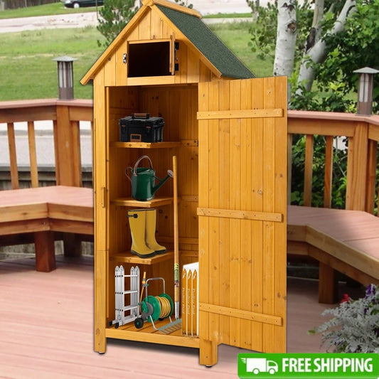 Outdoor Solid Wood Storage Shed with 3 Shelves, Waterproof
