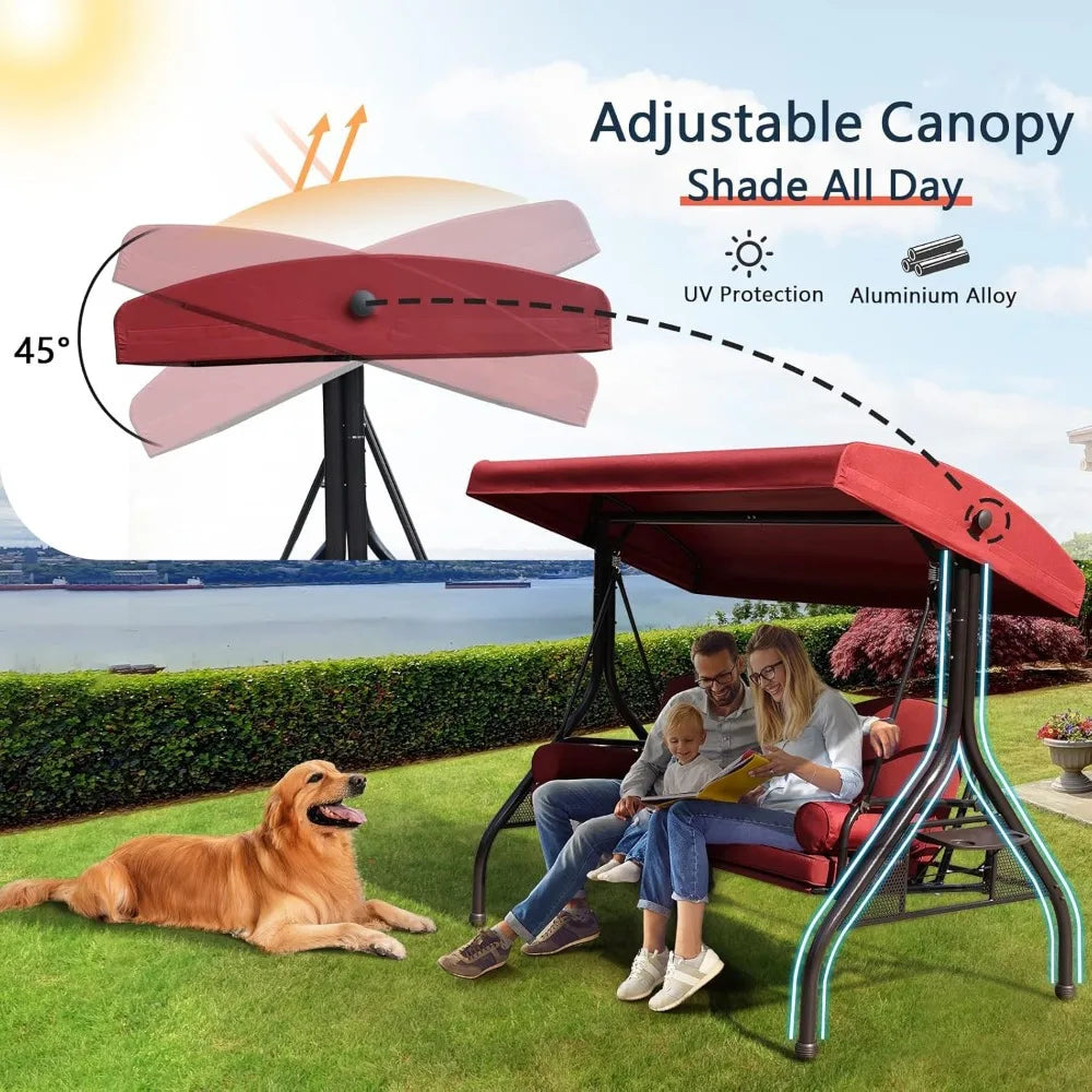 3-Seat Outdoor Patio Porch Swing with Adjustable and Removable Canopy, Waterproof Fabric, Cushion Pillow And Foldable Side Tray
