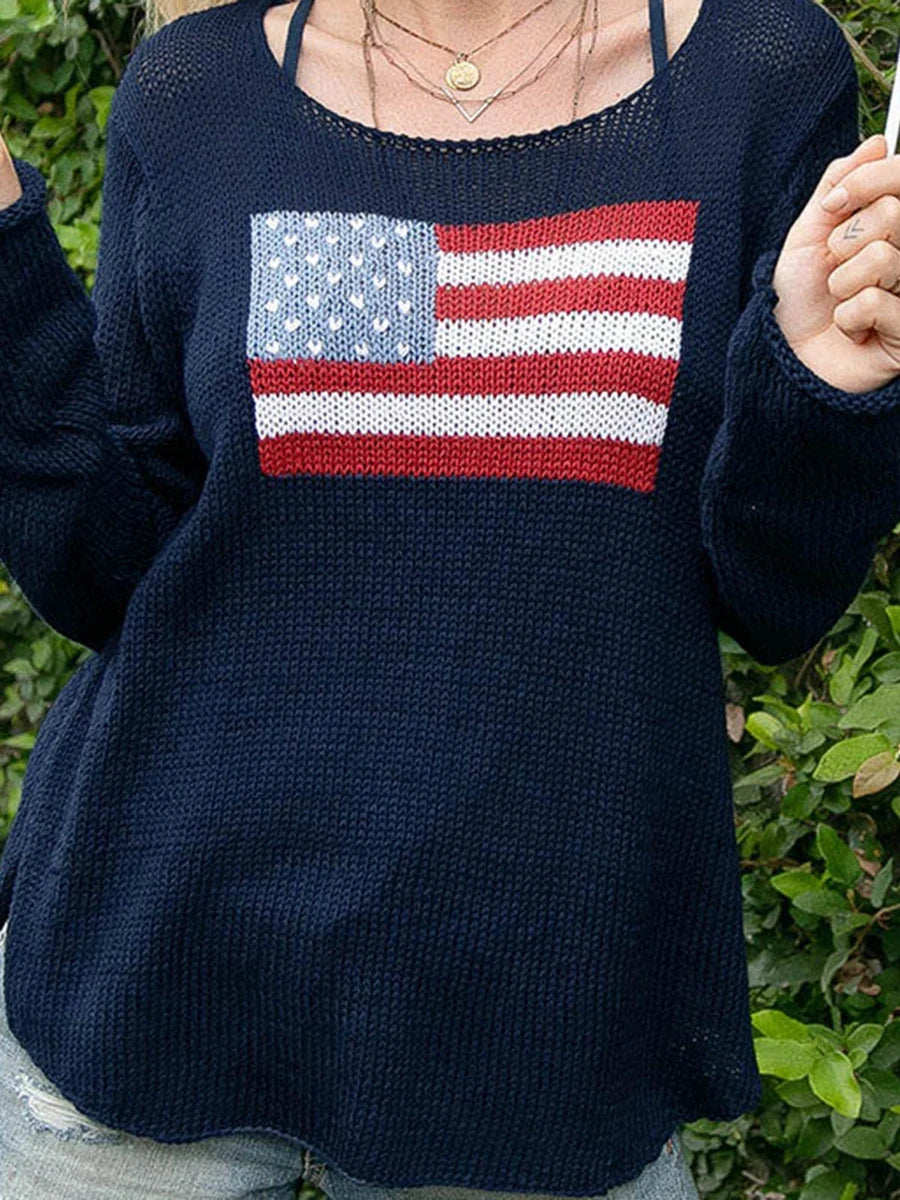 Women's Long Sleeve Knit Sweater, Crewneck, Flag Print, Loose Fitting Knitwear