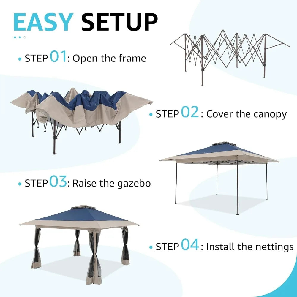 13’x13’ Pop Up Gazebo, Outdoor Canopy Tent Shade with Metal Frame, Mosquito Netting for Patio, Garden, Lawn, Backyard