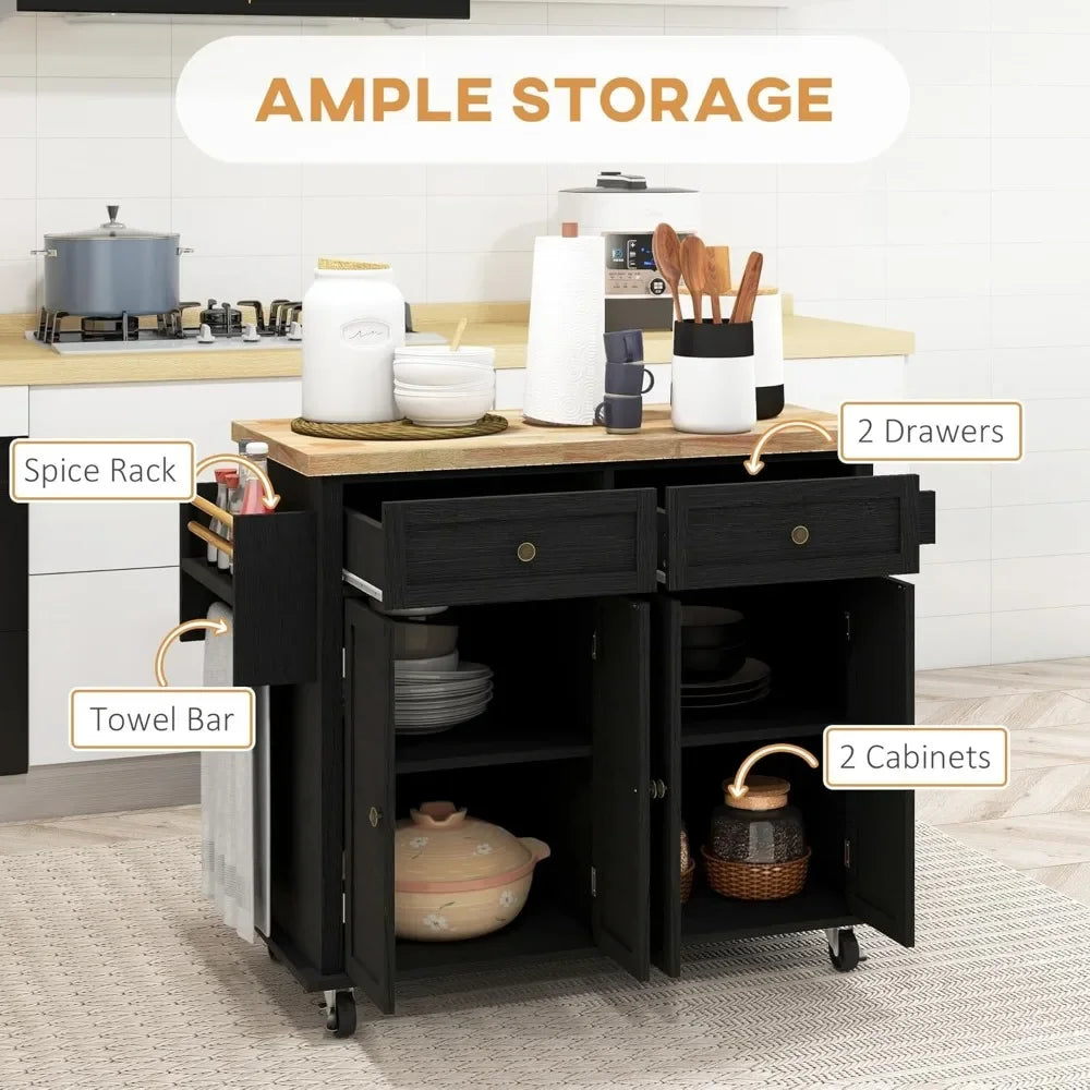 Rolling Kitchen Island with Rubberwood Top, Spice Rack, Towel Rack and Drawers for Dining Room