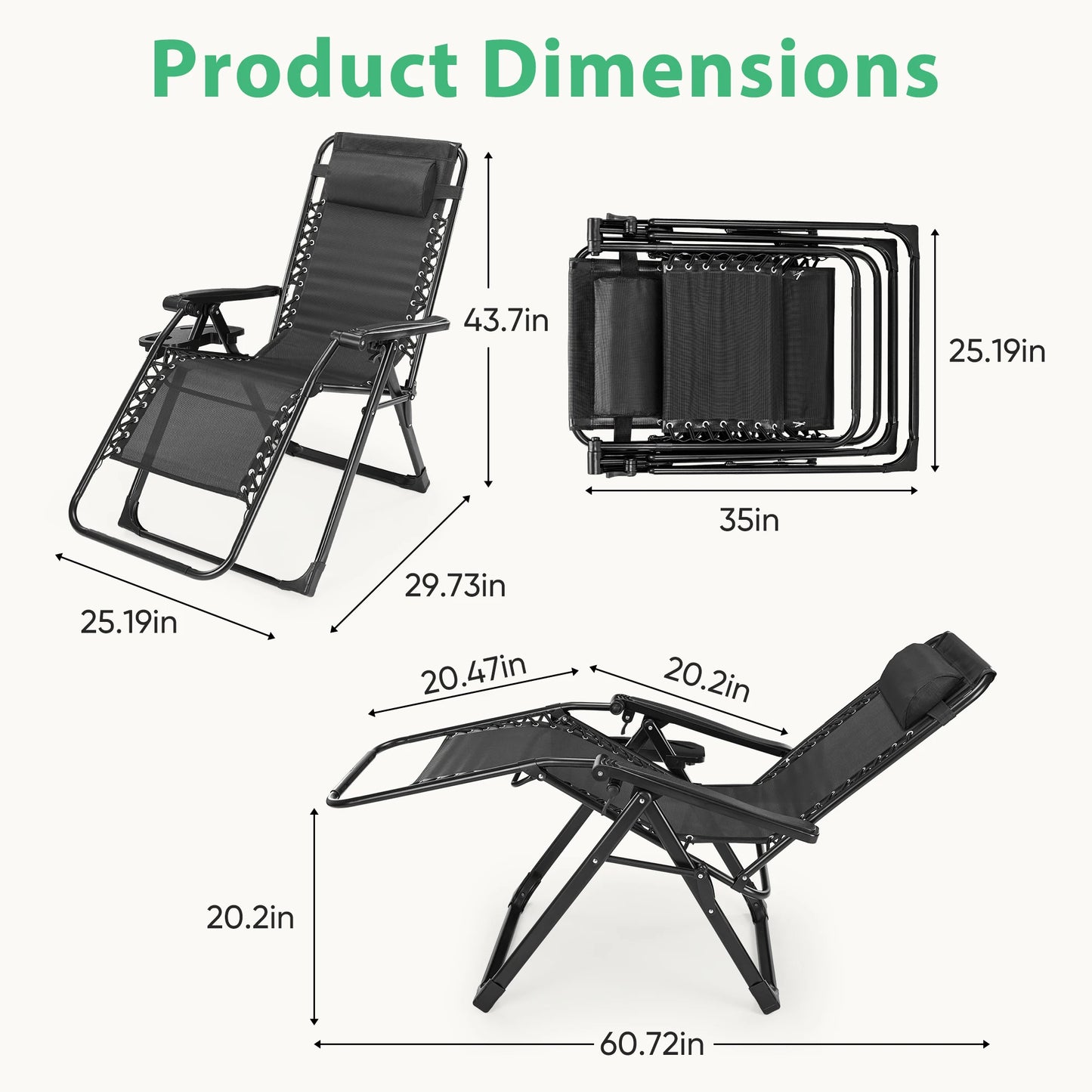 Zero Gravity Recliner for Camping, Patio or Poolside, Folding, Portable, with Cup Holder Trays and Removable Cushion