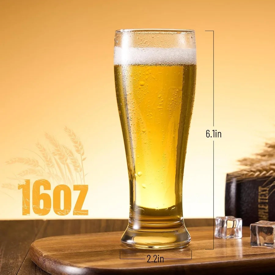Set of 4 16 oz Pilsner Beer Pint Glasses for Serving Craft Wheat Beer, Classic Design Drinking Glassware Set, Ideal for Home Bar
