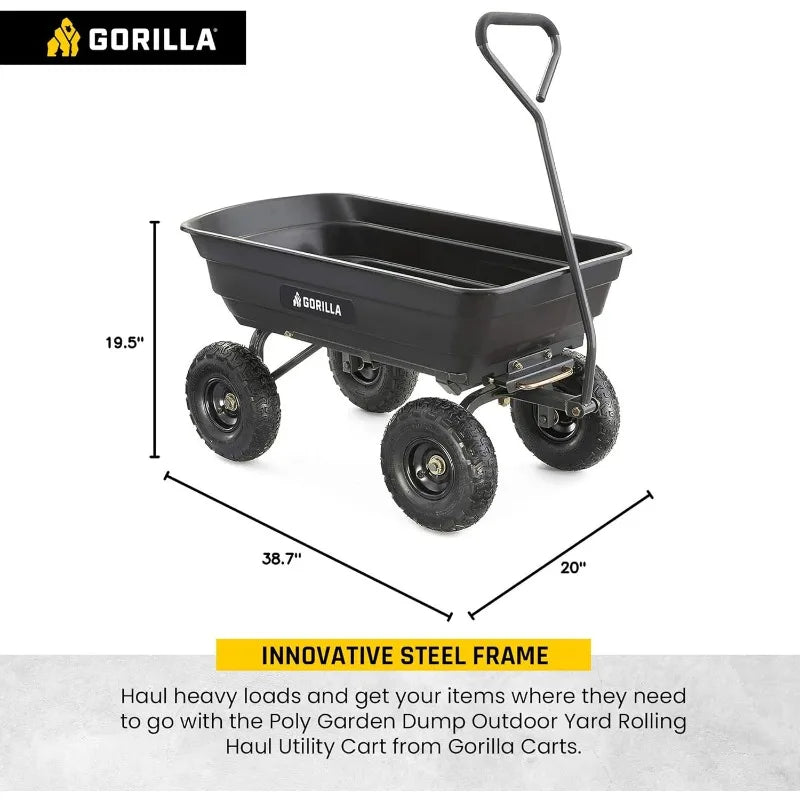 Heavy Duty Poly Utility Dump Wagon/Garden Cart w/Pneumatic Tires, 4 Cu Ft - 600 lb Capacity Wheelbarrow