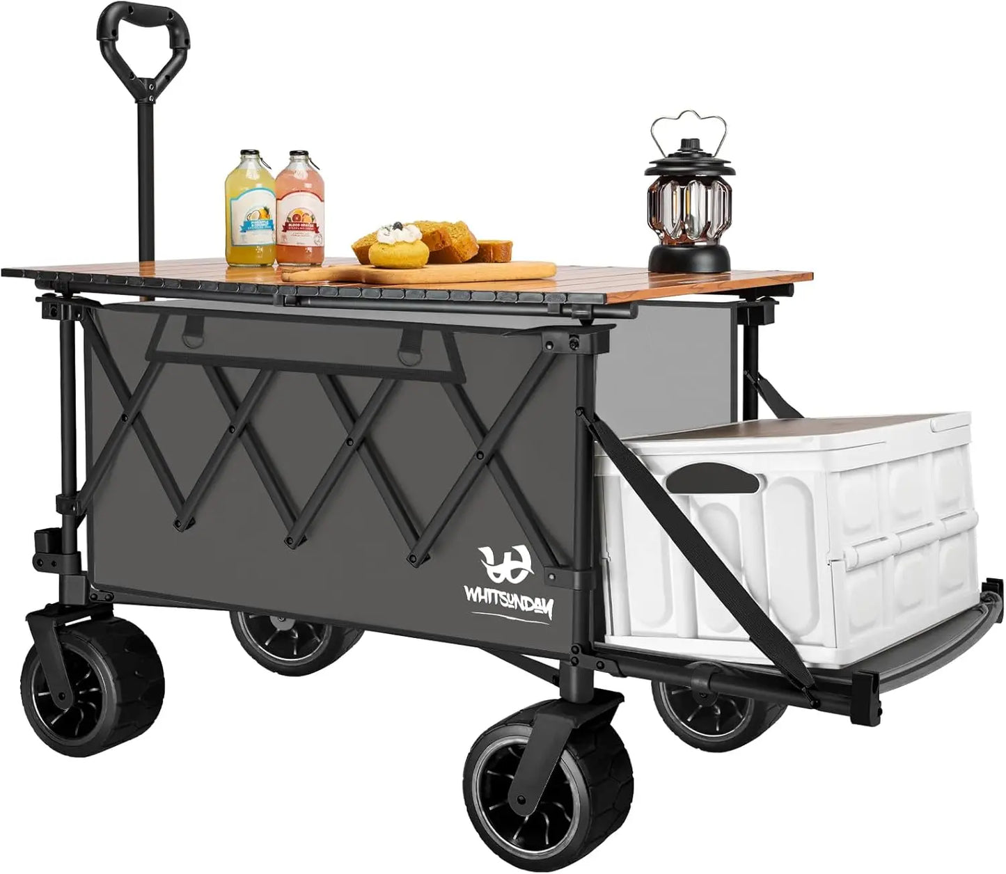 Collapsible Folding Wagon with Table, Heavy Duty Utility Beach Wagons with Opened Tailgate and All Terrain Wheels