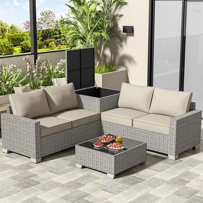 4 Piece Patio Furniture Set with Storage Box, PE Rattan, Tempered Glass