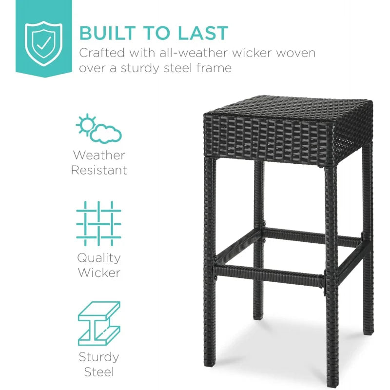 5-Piece Outdoor Wicker Bar Table Set for Patio, Poolside, Backyard w/Built-in Bottle Opener,  Metal Tabletop, 4 Stools - Black