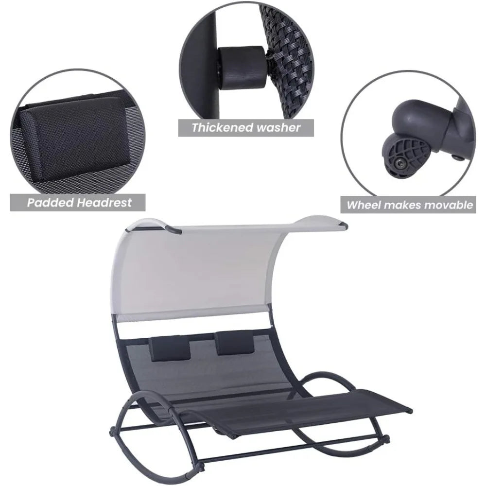 Outdoor Double Rocking  Chaise Lounge Chair with Sun Shade & Wheels