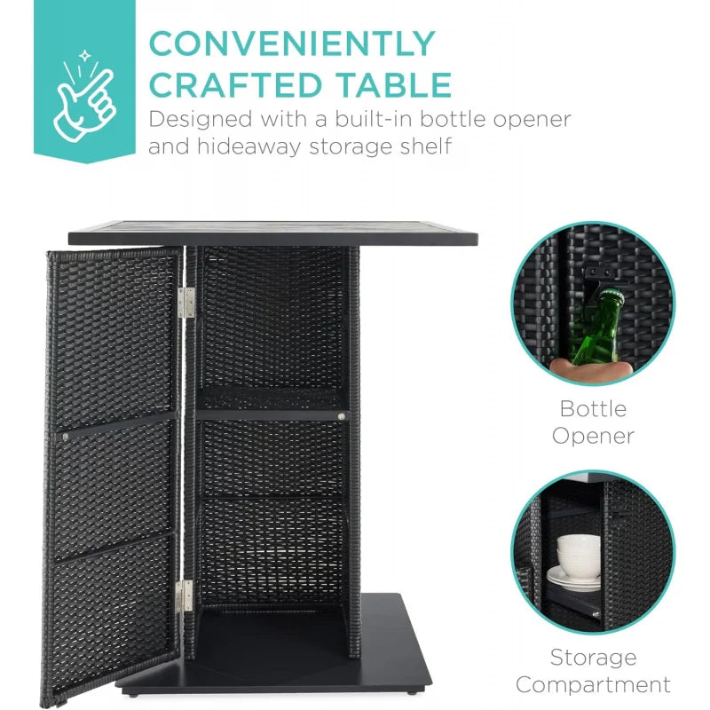5-Piece Outdoor Wicker Bar Table Set for Patio, Poolside, Backyard w/Built-in Bottle Opener,  Metal Tabletop, 4 Stools - Black