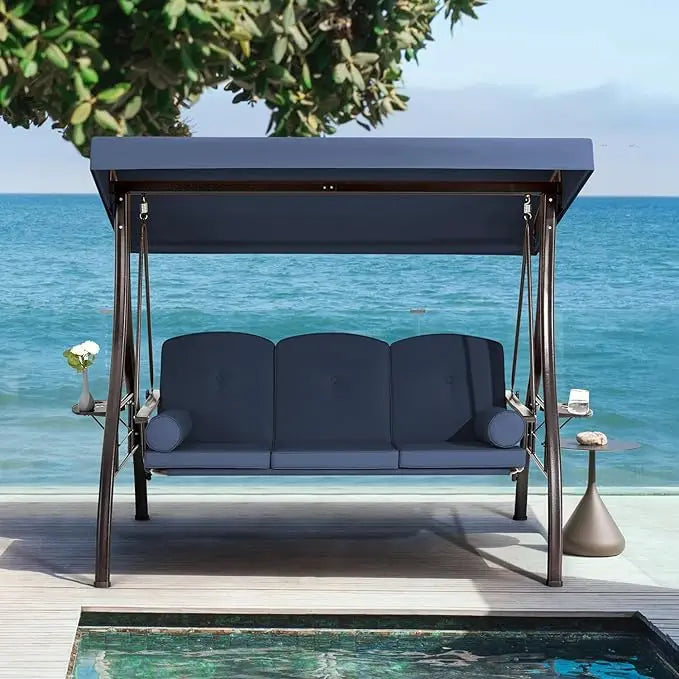 3 Person Outdoor Swing with 1.5" Deep Cup Holder, Adjustable Canopy, Backrest Can be Laid Flat to Make a Bed