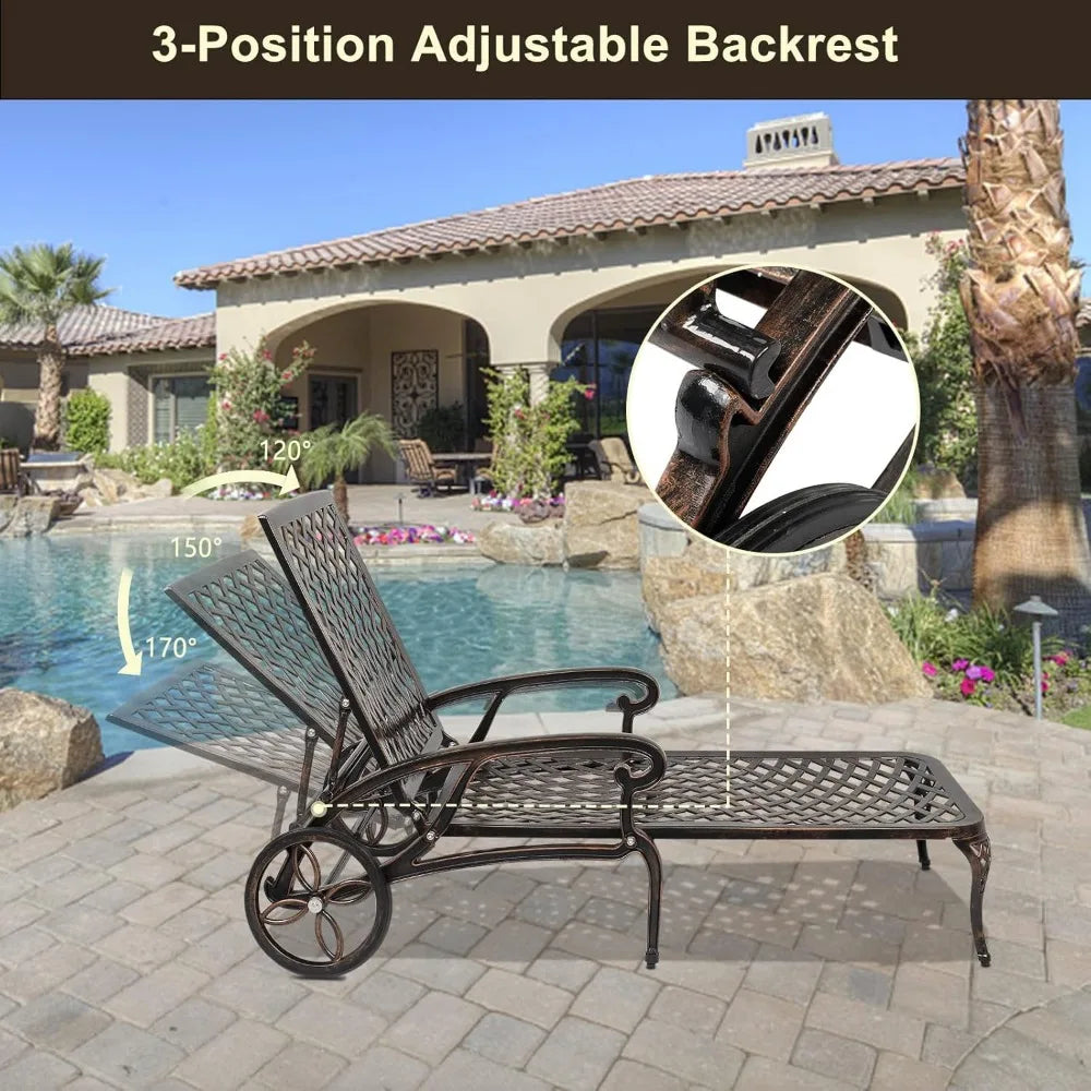 Cast Aluminum Outdoor Chaise Lounge Chair with Wheels, 3-Position Adjustable Backrest
